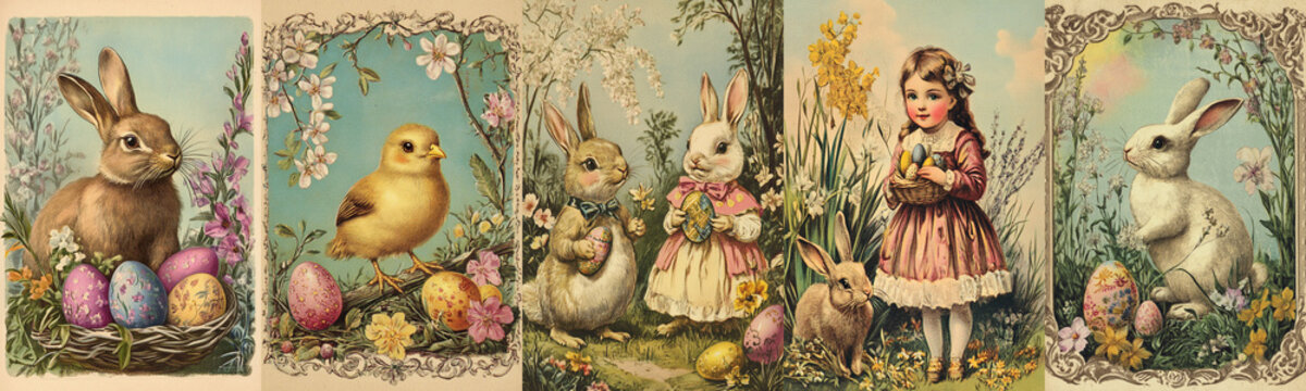Set of vintage antique style Easter holiday greeting cards, ephemera Easter eggs with cute birds, bunnies,girl and flowers