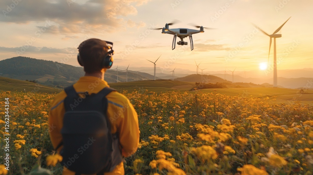 Poster drones inspecting wind turbines for maintenance, ai-driven renewable energy management, advanced gre