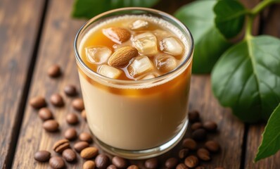 Iced coffee with almonds and caramel drizzle