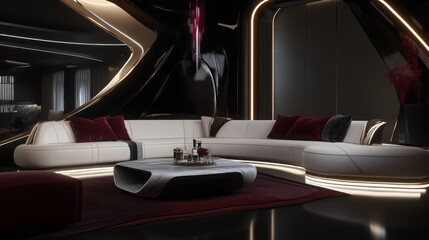 Futuristic modern living room with a luxurious and moody design. Geometric LED lighting patterns highlight the dark walls