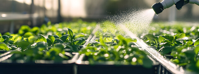 In the modern greenhouse, an isolated spray gun is spraying water on green plants

