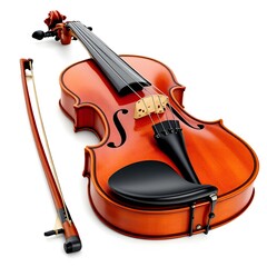 Elegant violin instrument and bow isolated on clean white background