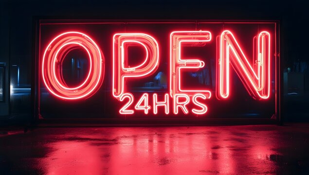 Red Neon "OPEN 24HRS" Sign Glowing Boldly Against Black Background with Shadows