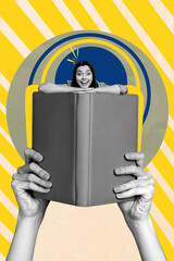 3D photo collage template trend artwork sketch of hand hold book student learn textbook library...