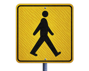 yellow pedestrian crossing sign featuring walking figure, symbolizing safety and awareness for pedestrians. This sign is essential for traffic control and urban planning