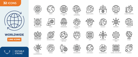 Worldwide icon set. Containing world, international, global, earth, network, sphere, globe, and more. Outline Icon Collection. Vector illustration. Editable stroke © Cetacons