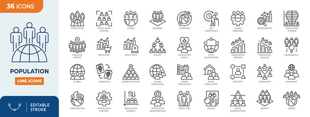 Population line editable icon set. Containing demographic, citizen, group of people, birth rate, residents, census, urbanization, migration, overpopulation, and more. Vector illustration