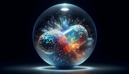 Obraz premium Medical A surreal artistic interpretation of a transparent capsule, where the colorful granules inside appea1