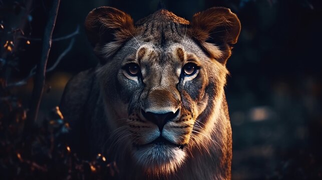 Majestic Lioness Staring Intently in a Dark Forest Setting