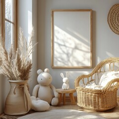 Mock up frame close up in children room with natural wooden furniture, 3D render, Generative AI