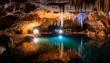 Photographing a Hidden Cave with Stalactites Glowing Under the Light of a Lantern with Reflections in a Crystal-Clear Pool