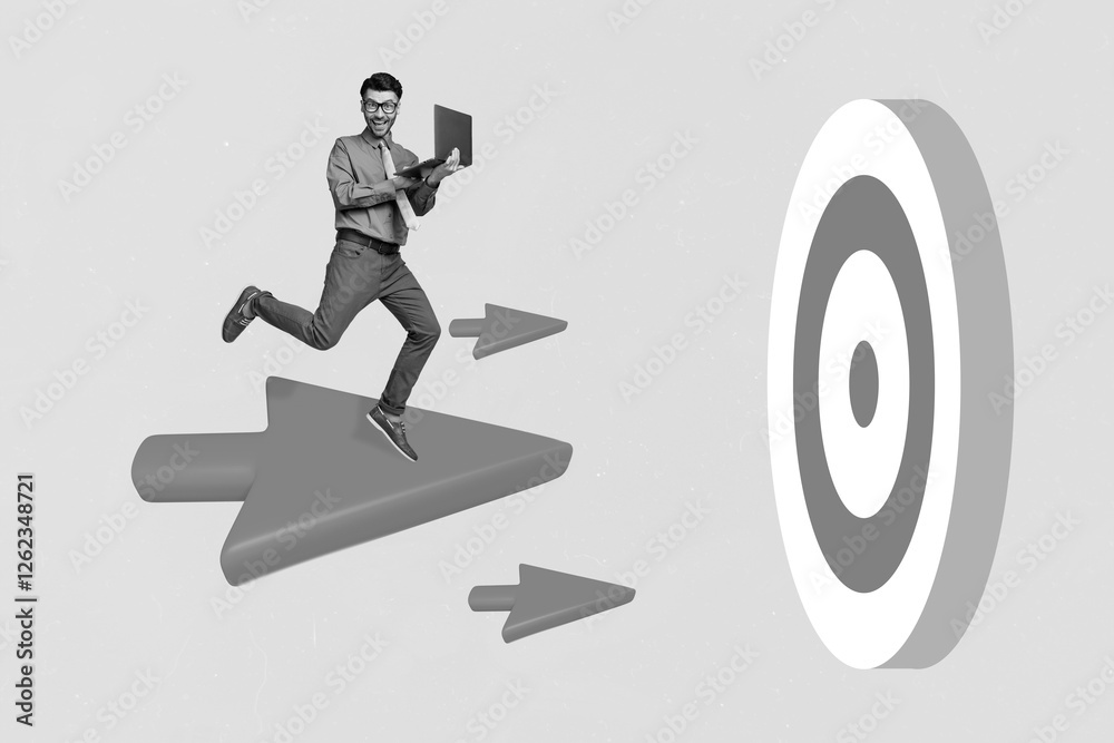 Aufkleber Creative collage abstract image of mini successful guy use netbook flying arrow darts board target isolated on drawing background
