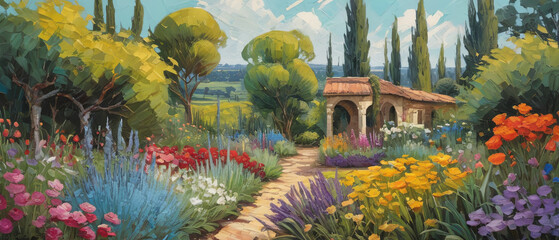 Obraz premium A breathtaking garden bursting with life, where vivid blooms dance in a symphony of colors, brought to life with rich, textured impasto strokes.