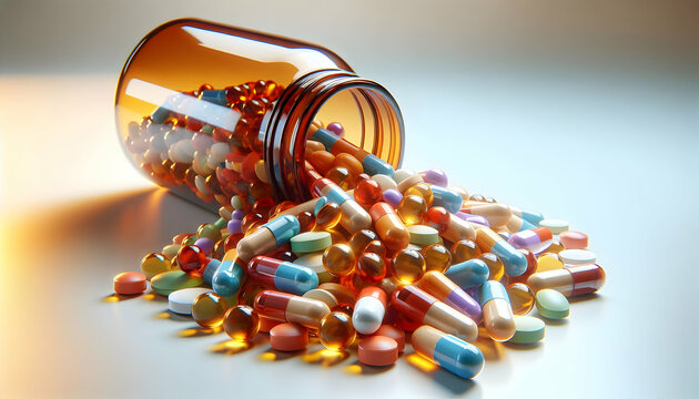 Medical A high-resolution close-up of an amber pill bottle lying on its side, with red and white capsules sp2