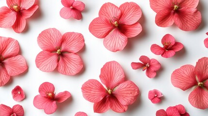 Fototapeta premium Pink flower arrangement, flat lay, white background, floral design
