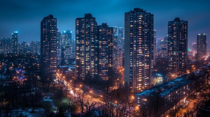 Obraz premium A cityscape with tall buildings and a blue sky. The buildings are lit up and the sky is dark