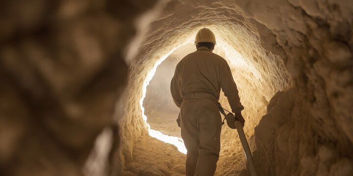 Young Hispanic man exploring limestone cave with safety gear and lighting equipment, illuminated by soft natural light