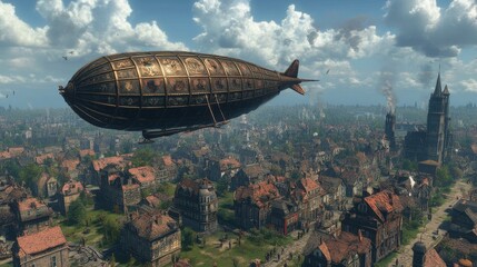 Naklejka premium Floating steampunk airship above a vibrant cityscape during a bright afternoon