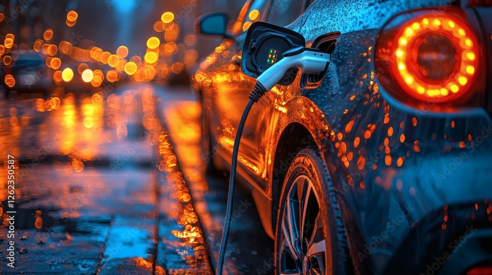 Poster close-up of an ev charging plug connecting to a vehicle, next-generation automotive technology, rene