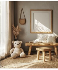 Mock up frame in children room with natural wooden furniture, 3D render, Generative AI