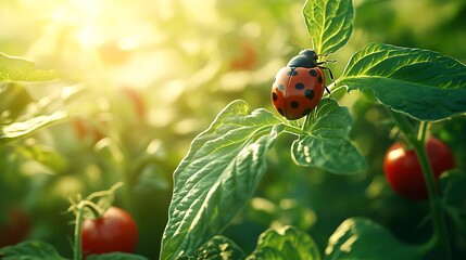 Fototapeta premium A close-up of a ladybug resting on a tomato leaf while a gardener inspects for harmful pests, delicate veins of the plant visible in soft natural light, a harmonious balance of nature and protection.