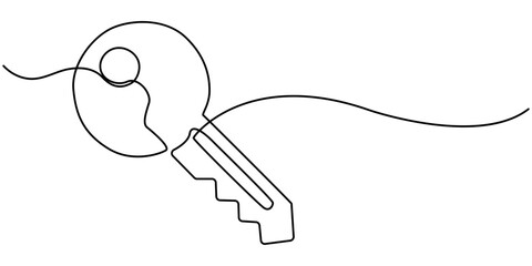 Continuous one line drawing of key. One line drawing illustration of key. Security concept continuous line art. Editable outline, continuous one line drawing of keys. Real estate keys icon. 