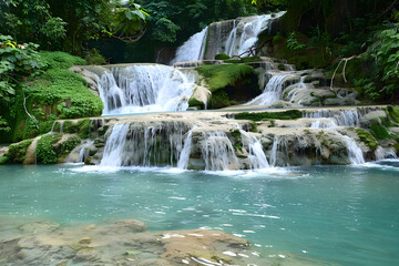 Obraz premium A serene waterfall cascading over rocks into a tranquil turquoise pool surrounded by lush greenery.