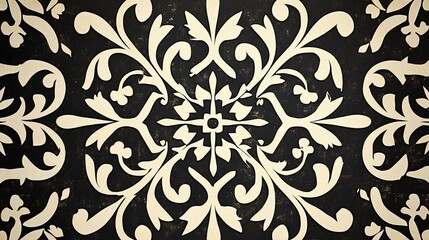 Intricate Floral Pattern with Dark Background Featuring Elegant Leaves and Swirls in a Symmetrical Design for Home Decor and Textile Applications