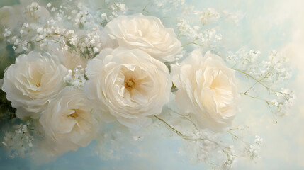 A close-up of white roses and baby's breath in an ethereal, dreamy setting
