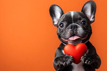 Fototapeta premium Cute french bulldog dog with furry friend animal toy red heart - emblem of love, funny greeting card. Marketing conceptual art. French bulldog - my treasured dog. Dogs and love. Pet love.