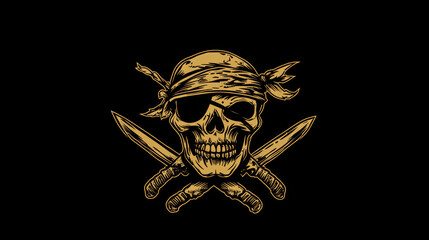 Caribbean pirates icon with skull and crossed sabers. Vector emblem with jolly roger in eye patch and bandana. Filibusters toothy sailor skeleton head, isolated vintage label, graphic design element