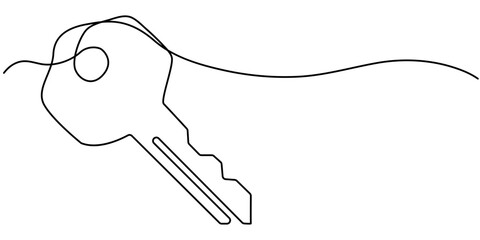 Continuous one line drawing of key. One line drawing illustration of key. Security concept continuous line art. Editable outline, continuous one line drawing of keys. Real estate keys icon. 
