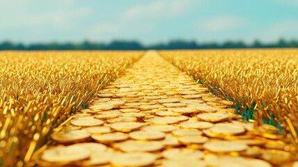 financial success income mindset concept. Pathway of coins through a golden field under a bright sky.
