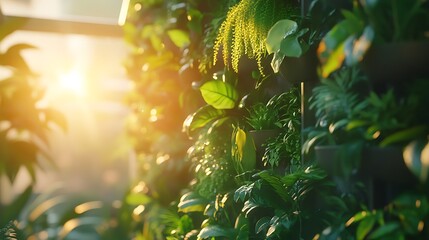 A dedicated gardener carefully tending to a lush vertical garden on an urban balcony, adjusting climbing vines and misting delicate ferns,