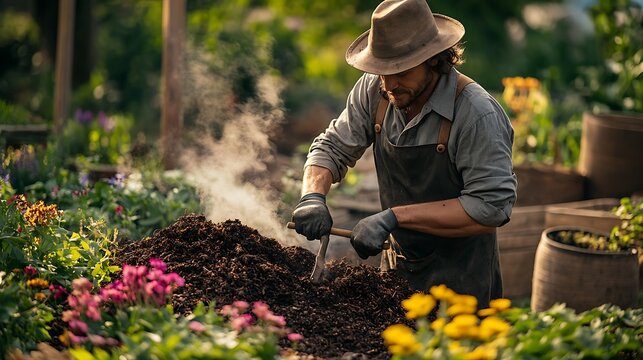 A dedicated gardener turning a rich, dark compost pile with a sturdy pitchfork, steam rising from the decomposing organic matter, surrounded by lush greenery and vibrant flower beds. --ar 16:9