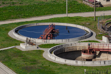 Water treatment facility showcases large circular tanks for purification processes