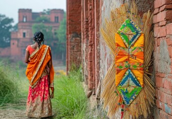 Fototapeta premium Vibrant Indian Woman in Traditional Dress Standing Near Artistic Straw Decoration Against Rustic Brick Wall Background in Rural Setting