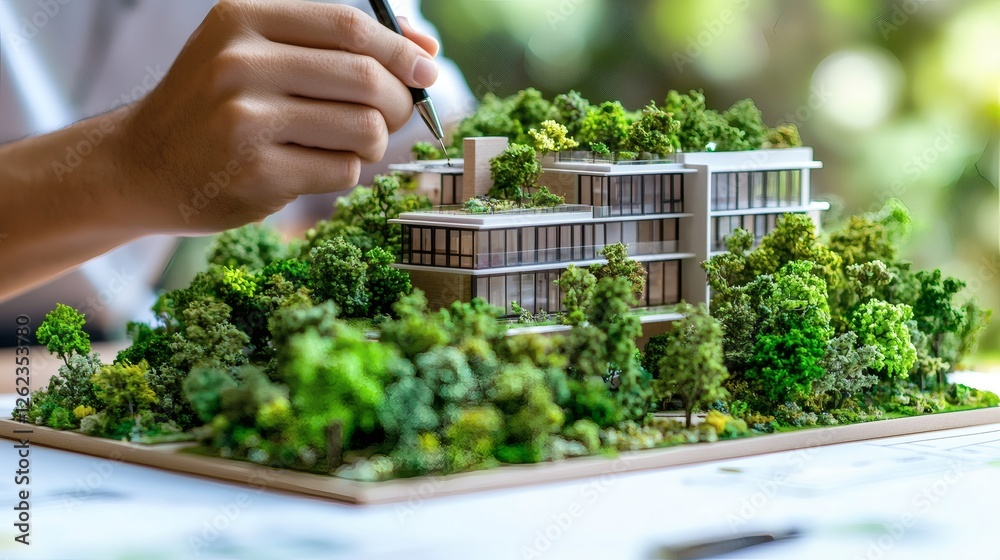 Poster an architect designing a green building model with sustainable materials, cutting-edge eco-friendly 