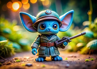 Fototapeta premium Miniature Blue Monster Soldier with Weapon - Tilt-Shift Photography