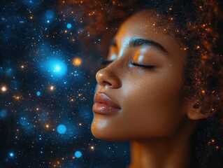 Woman Surrounded by Cosmic Affirmations and Glow