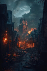 Obraz premium Ruined medieval town street at night, fire, tower