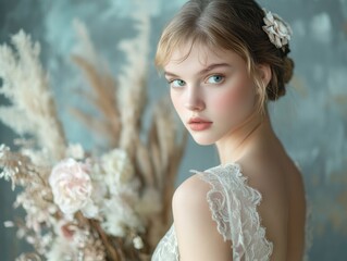 Naklejka premium A feminine portrait in an Art Deco setting, with a soft lace dress, elegant pose, and soft pastel palette