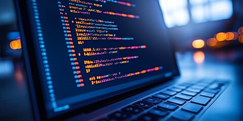 Close Up Code On Computer Screen With Multicolored Text, Abstract Programming Background