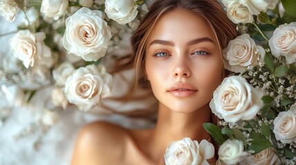 Naklejka premium Portrait of a girl surrounded by white roses with a serene expression captured in a floral setting