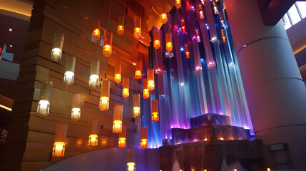 A vibrant indoor water feature with colorful lights and cascading water.