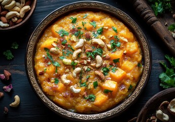 Warm Spiced Pumpkin Pudding with Cashews and Fresh Herbs on Dark Wooden Table, Garnished with Chopped Nuts and Fresh Cilantro