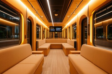Train interior with bright orange walls, benches, for travel blog or design uses