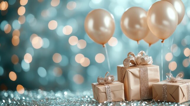 Colorful party balloons and wrapped gifts amidst falling snowflakes create a festive atmosphere