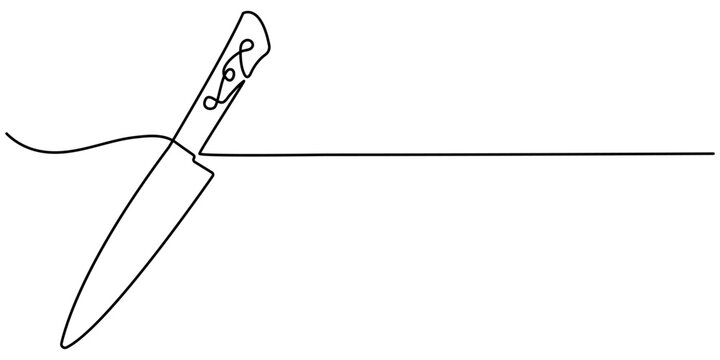 Continuous one simple single line art drawing of kitchen knife icon in silhouette on a white background. Linear stylized, Continuous single one line drawing of sharp knife weapon utensil vector . 