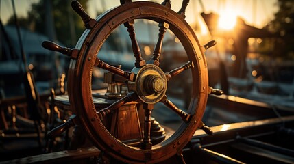 Vintage Ship Wheel at Sunset with Soft Bokeh Effects and Boats